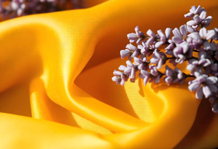 A brilliant yellow fabric cascades gracefully, while clusters of small lilac flowers add a touch of elegance. The soft natural light enhances the colors, creating a serene ambiance.の素材