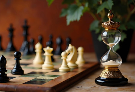A captivating chess match takes place on a beautifully patterned board. Elegant pieces, both black and white, stand poised, while an ornate hourglass adds a touch of vintage charm to the atmosphere.の素材