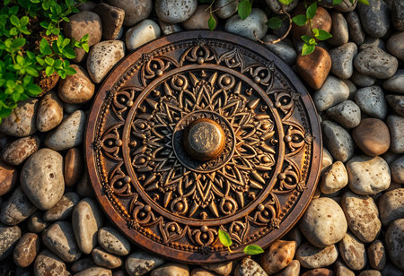 An ornate mandala crafted from metal is placed delicately among an array of smooth pebbles, surrounded by small green plants. Sunlight casts gentle shadows, enhancing the intricate details.の素材