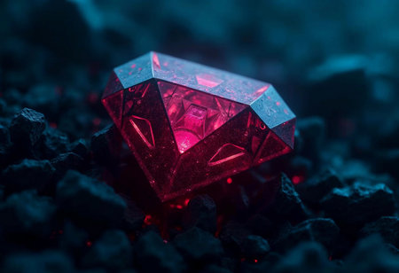 A stunning ruby gem glows with an enchanting red hue, nestled among dark particles. Its facets reflect light, creating an ethereal ambiance reminiscent of a hidden treasure.の素材