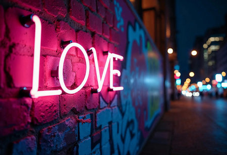 Glowing neon sign reading love shines brightly against a textured brick wall, surrounded by colorful street art. Passersby enjoy a lively urban nightlife filled with excitement and connection.の素材