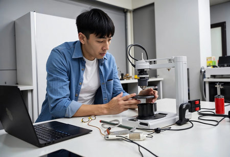A young researcher focuses intently on conducting an experiment with advanced equipment.の素材