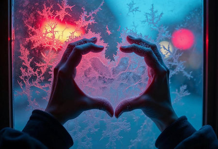 Two hands form a heart shape against a frosted window, capturing the essence of winter warmth. Outside, colorful lights softly illuminate the chilly scene, evoking feelings of love and nostalgia.の素材
