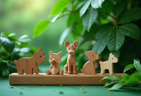 Five charming wooden animal figures sit on a wooden platform, surrounded by vibrant green leaves. The delightful habitat suggests a playful essence, inviting imagination and nostalgia.の素材