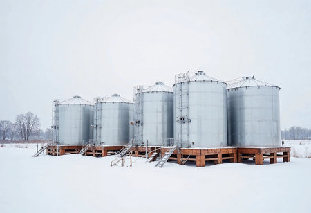 In a serene winter landscape, a row of shiny metal silos stand tall against the soft, white blanket of snow. The scene embodies a sense of calm and quiet productivity in the rural area.の素材