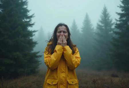 Amidst towering evergreen trees shrouded in mist, a woman in a bright yellow rain jacket stands with her hands covering her face. The atmosphere is heavy and emotional, reflecting the solitude.の素材