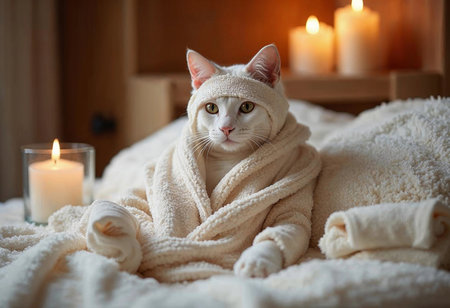 A fluffy white cat, wrapped in a soft towel, lounges in a serene space illuminated by flickering candles. The atmosphere is tranquil, with an inviting blanket and gentle warmth surrounding the feline.の素材
