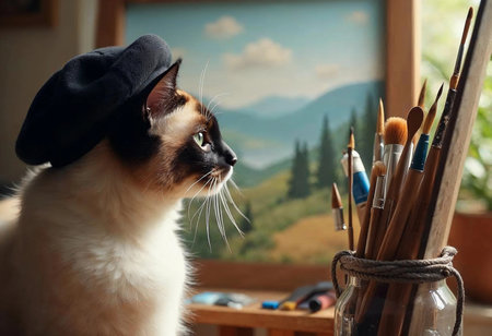 In a cozy artist's studio, a curious cat with striking markings wears a black beret, gazing thoughtfully at a serene landscape painting. Brushes and tools surround the feline.の素材