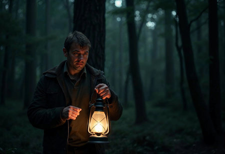 A man stands alone among ancient trees, holding a glowing lantern. The surrounding forest is shrouded in mist, creating an ethereal atmosphere as twilight descends. Shadows dance in the twilight.の素材
