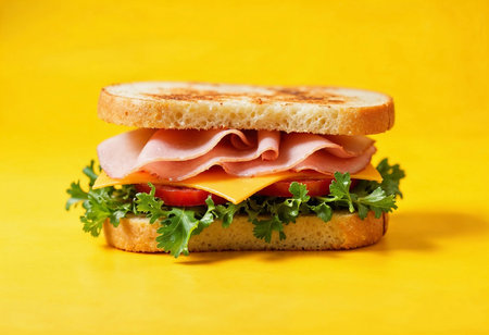 A vibrant sandwich showcases layers of ham, cheese, tomatoes, and crisp lettuce nestled between two slices of toasted bread. The bold yellow backdrop emphasizes its freshness.の素材