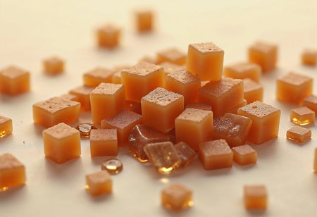 Tiny, vibrant cubes of orange-hued candy scatter across a smooth surface, reflecting light and tempting sweet cravings. Each piece glistens subtly, creating a delightful visual feast.の素材