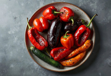 A vibrant collection of red bell peppers, eggplants, zucchini, and carrots displays nature's bounty.の素材