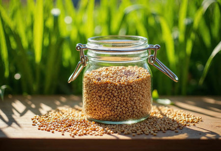 A glass jar filled with golden grains sits on a wooden surface, sunlight glinting off its surface. Surrounding it, lush green grass sways gently in the breeze, creating a serene atmosphere.の素材