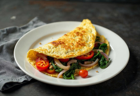 Fluffy omelette bursting with vibrant tomatoes, onions, and spinach sits invitingly on a plate. The warm kitchen backdrop emphasizes the comfort of homemade meals.の素材