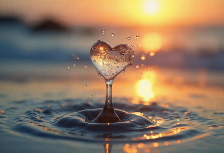 A mesmerizing heart-shaped splash of water catches the golden light of a sunset above the calm ocean waves.の素材