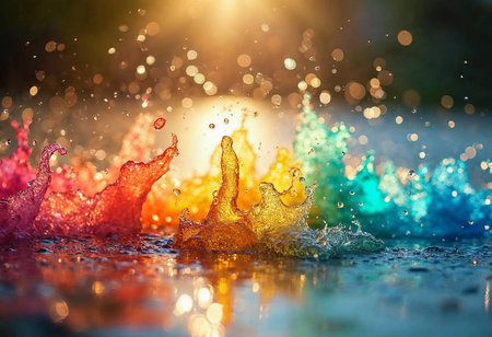 Vibrant droplets of water leap joyfully into the air, creating a mesmerizing display of colors. The sunlight casts a magical glow, illuminating the vibrant scenes of nature's artwork.の素材