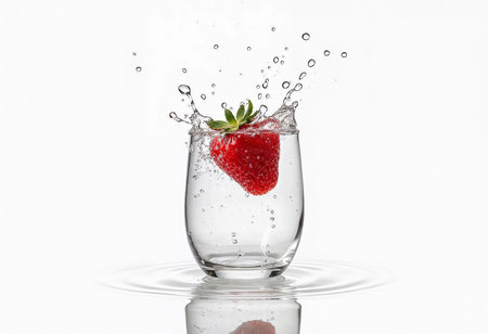 A vibrant strawberry plops into a glass of clear water, sending droplets arcing and forming ripples around the glass. The refreshing scene captures the essence of summer and vitality.の素材