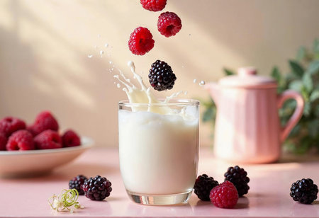 Ripe raspberries and blackberries elegantly leap into a glass of creamy goodness, creating a delightful splash. The soft pastel backdrop adds a touch of warmth to this culinary moment.の素材