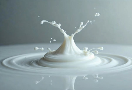 Bright white liquid bursts upward in an elegant spray, forming intricate patterns against a soft backdrop. This dynamic display illustrates the beauty of fluid motion and light.の素材