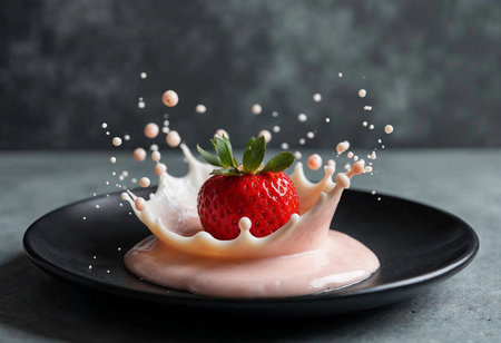 A vibrant red strawberry sits amid a splash of creamy liquid on a dark plate, capturing the essence of culinary artistry. The moment radiates freshness and creativity in every drop.の素材