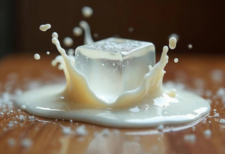 An ice cube dramatically splashes into a pool of milk, creating dynamic ripples and droplets. The wooden surface enhances the earthy tones, capturing a moment of refreshing chaos.の素材