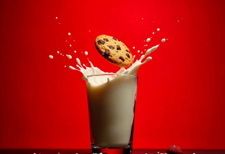 A chocolate chip cookie is dramatically launched into a glass of creamy milk, creating an exciting splash against a bright red background. The moment captures the sweetness of childhood delight.の素材