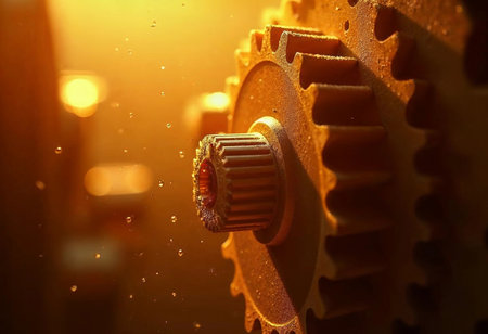Golden light filters through a complex arrangement of gears, highlighting their intricate design and textures. The atmosphere exudes innovation and creativity within a mechanical setting.の素材