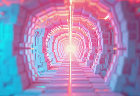 A mesmerizing tunnel unfolds with vibrant colors of pink and blue, leading towards a bright light at the end. The geometric patterns create a sense of depth and wonder, inviting exploration.の素材