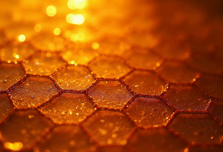 Intricate honeycomb formations shimmer with golden hues, illuminated by the soft evening light. The delicate texture creates a mesmerizing pattern, showcasing nature's beauty in detail.の素材