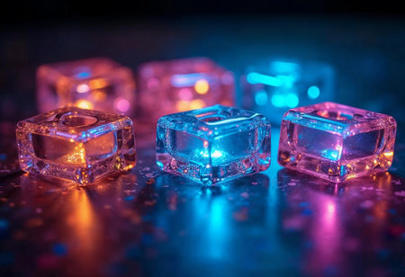 Translucent blocks in shades of pink and blue reflect soft lights on a dark surface. Their luminous glow adds a festive atmosphere to the gathering, inviting joy and celebration among friends.の素材