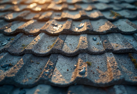 Glimmers of sunlight reflect off a meticulously detailed rooftop, where uneven tiles display textures worn by time. Each ridge and shadow tells a story of nature and craftsmanship.の素材