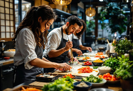 In a bustling kitchen, three chefs collaborate, expertly slicing vegetables and preparing colorful dishes amidst greenery and warm lighting. Their focus and passion for culinary art shine through.の素材