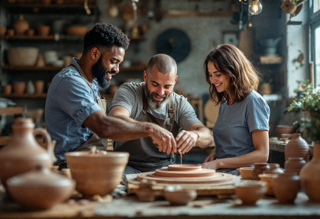 Three artisans focus intently as they shape clay into beautiful pots in a lively pottery studio filled with warm, natural light. Inspiration flows as they share techniques and laughter.の素材