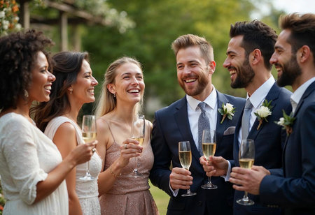 A lively group of six friends enjoys their time together at an outdoor wedding celebration. They hold champagne glasses and share laughter under a bright sky, surrounded by lush greenery.の素材