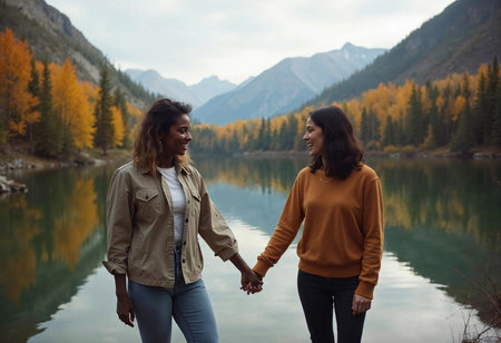 Two friends share a joyful moment at a serene lake, hand in hand, surrounded by vibrant autumn foliage and majestic mountains in the background. The atmosphere is peaceful and warm.の素材