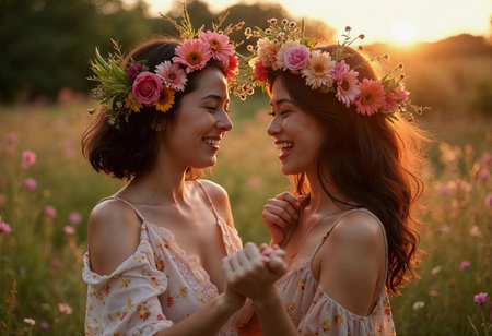Friends share laughter and joy as they embrace in a field adorned with wildflowers, glowing under the warm hues of sunset. Flower crowns add a touch of charm to their carefree spirits.の素材