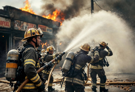 Brave firefighters work diligently to extinguish a fierce blaze engulfing a commercial building.の素材