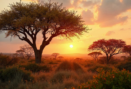 Golden sunlight filters through the clouds as it sets over the vast savanna, casting long shadows from the acacia trees that dot the landscape. Nature's tranquil beauty captivates the viewer.の素材