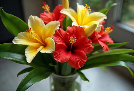 A stunning arrangement of red hibiscus and yellow lilies fills a glass vase. The colorful blooms add a lively touch to the serene atmosphere, showcasing nature's beauty indoors.の素材