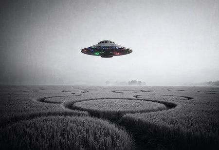 A striking spacecraft with colorful lights is suspended above a field adorned with intricate crop circles.の素材