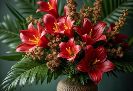 Bright red lilies burst forth in elegance, surrounded by delicate greenery. Crafted to celebrate beauty, this arrangement brings warmth and joy to any setting, showcasing nature's artistry.の素材