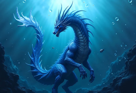 A stunning blue dragon explores the serene depths of an ocean, surrounded by bubbles and shimmering light.の素材