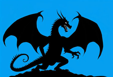 A striking silhouette of a dragon, with outstretched wings and a fierce expression, dominates the scene. Set against a deep blue sky, it embodies power and mystery at dusk.の素材