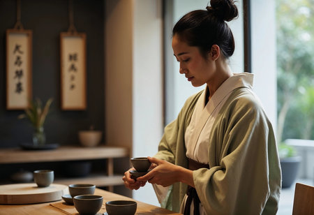 A woman dressed in elegant traditional clothing carefully serves tea in a tranquil setting, surrounded by natural light and minimalistic decor that enhance the peaceful ambiance.の素材