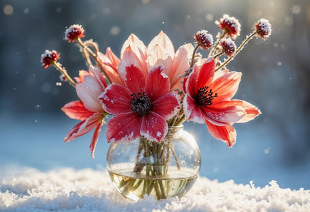 A stunning bouquet of pink and white flowers rests in a clear glass vase, surrounded by soft snowflakes.の素材
