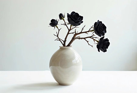 A simple, smooth vase holds striking black roses emerging from slender branches, creating a bold contrast against the light background. This arrangement enhances contemporary decor with elegance.の素材