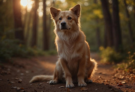 A golden dog sits calmly on a forest path, bathed in the warm glow of late afternoon sunlight filtering through lush greenery. The peaceful atmosphere invites reflection.の素材