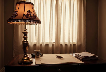 A cozy workspace is illuminated by a vintage lamp, casting a warm glow over a wooden desk. Sunlight filters through sheer curtains, enhancing the tranquil atmosphere of a productive morning.の素材