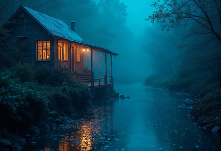 Nestled beside a serene river, a cozy cabin emanates warm light as fog envelops the landscape at dusk. The soft glow invites curiosity amidst the tranquil ambiance of nature.の素材