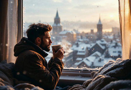 A man enjoys a warm drink while gazing out a snowy window at a picturesque cityscape. Towering spires peek through the delicate snowfall as morning light casts a golden hue.の素材